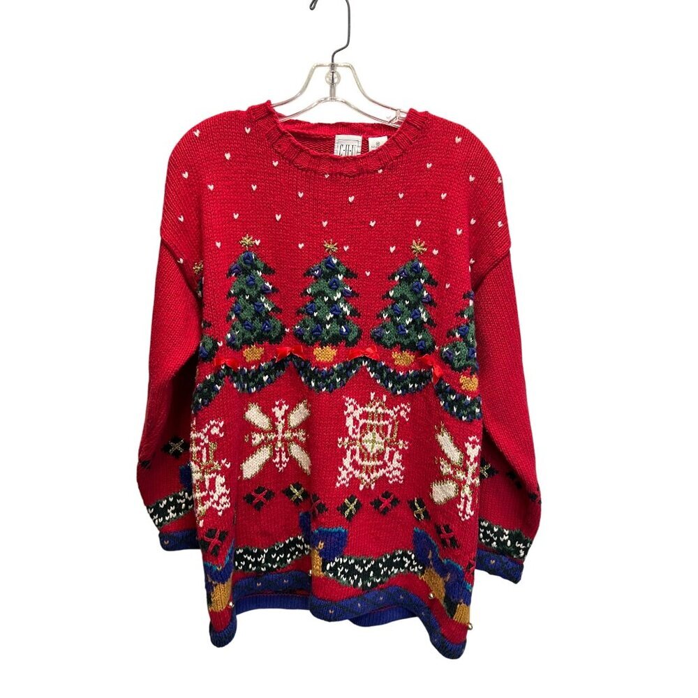 Vintage CH-U Christmas Sweater Medium Red Knit Holiday Pullover With Embellished